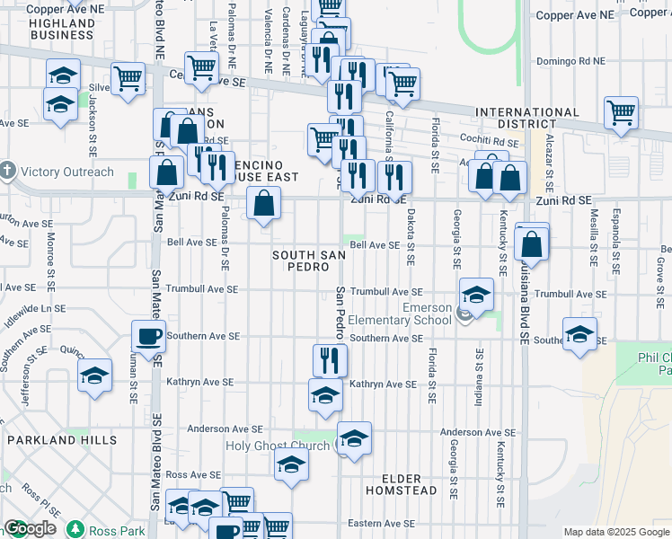 map of restaurants, bars, coffee shops, grocery stores, and more near 627 San Pedro Drive Southeast in Albuquerque