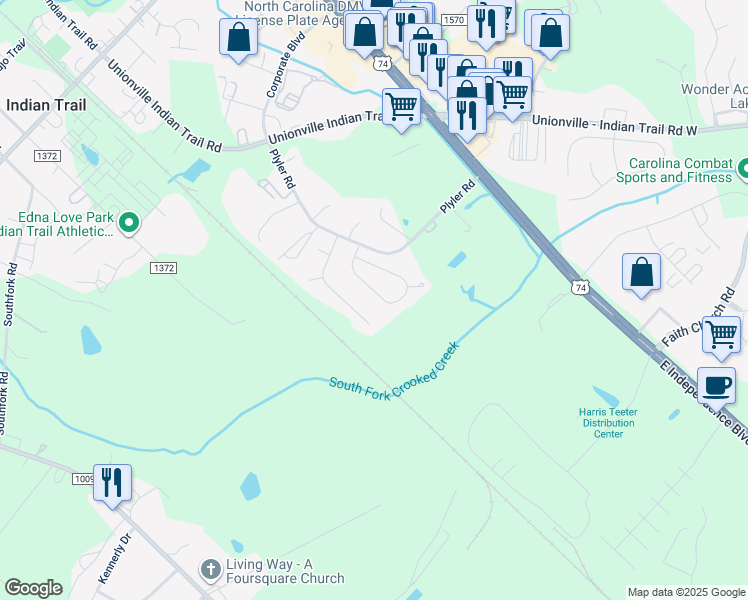 map of restaurants, bars, coffee shops, grocery stores, and more near 1021 Ridgefield Circle in Indian Trail