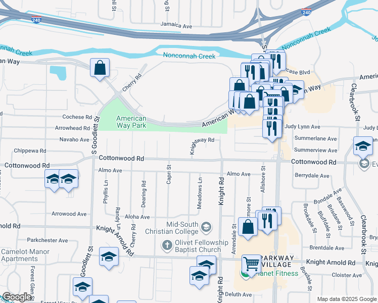 map of restaurants, bars, coffee shops, grocery stores, and more near 2897 Knightway Road in Memphis