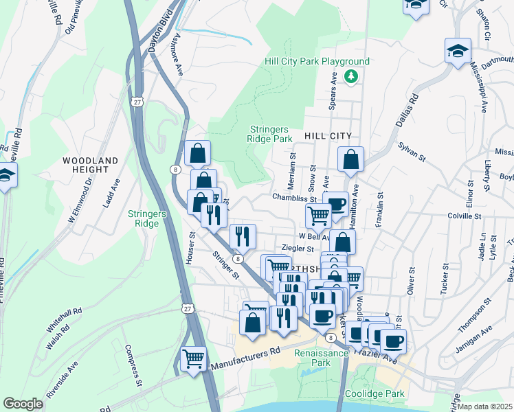map of restaurants, bars, coffee shops, grocery stores, and more near 325 Pine Ridge Road in Chattanooga