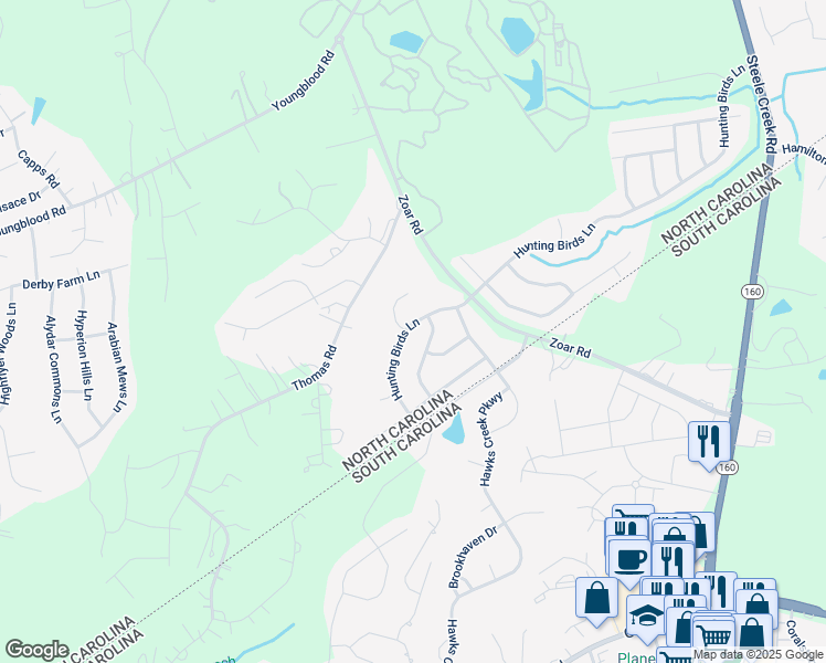 map of restaurants, bars, coffee shops, grocery stores, and more near 13117 Hunting Birds Lane in Charlotte