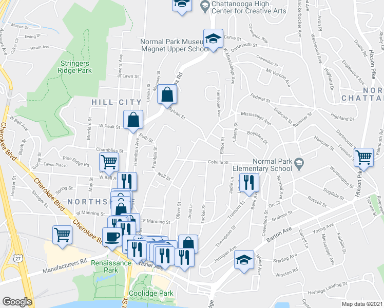 map of restaurants, bars, coffee shops, grocery stores, and more near 708 Forest Avenue in Chattanooga