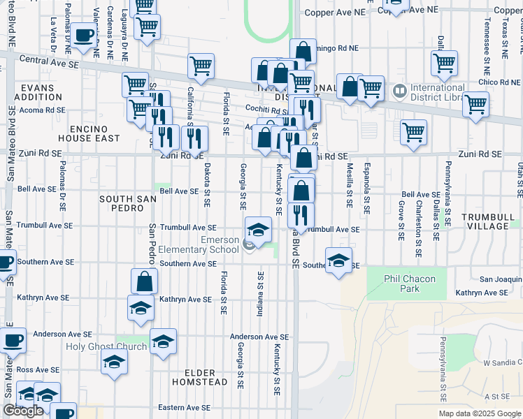 map of restaurants, bars, coffee shops, grocery stores, and more near 516 Indiana Street Southeast in Albuquerque