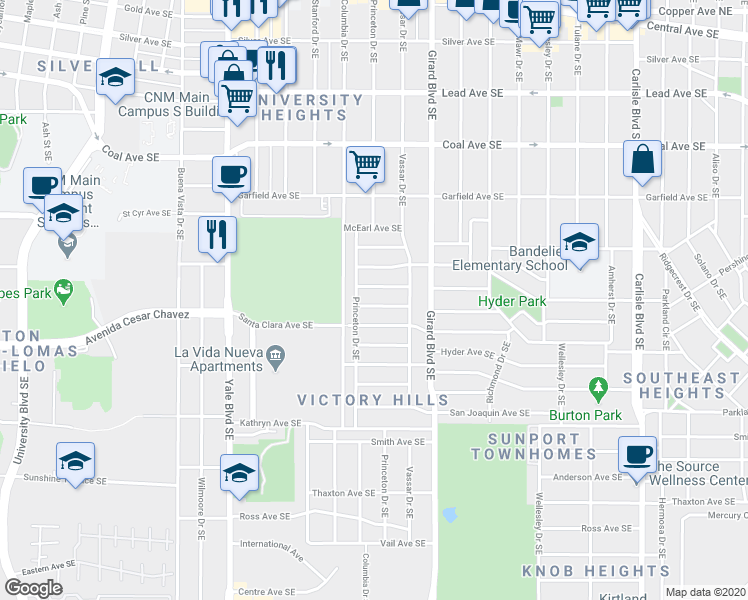 map of restaurants, bars, coffee shops, grocery stores, and more near 2723 Santa Cruz Avenue Southeast in Albuquerque