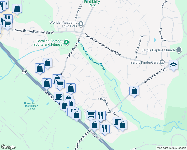 map of restaurants, bars, coffee shops, grocery stores, and more near 1730 Cottage Creek Road in Indian Trail