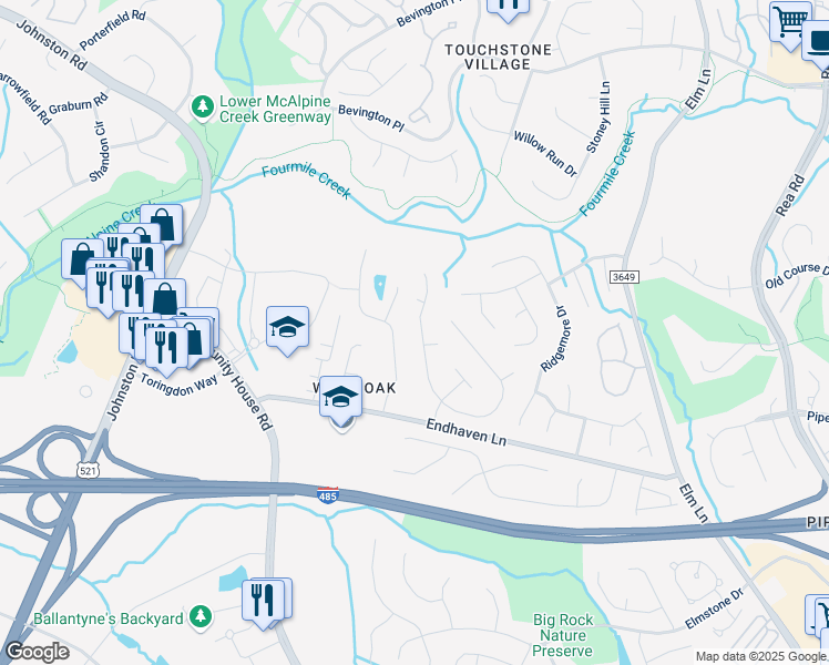 map of restaurants, bars, coffee shops, grocery stores, and more near 10408 Golden Leaf Court in Charlotte