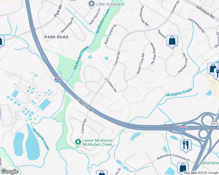 map of restaurants, bars, coffee shops, grocery stores, and more near 11545 5 Cedars Road in Charlotte
