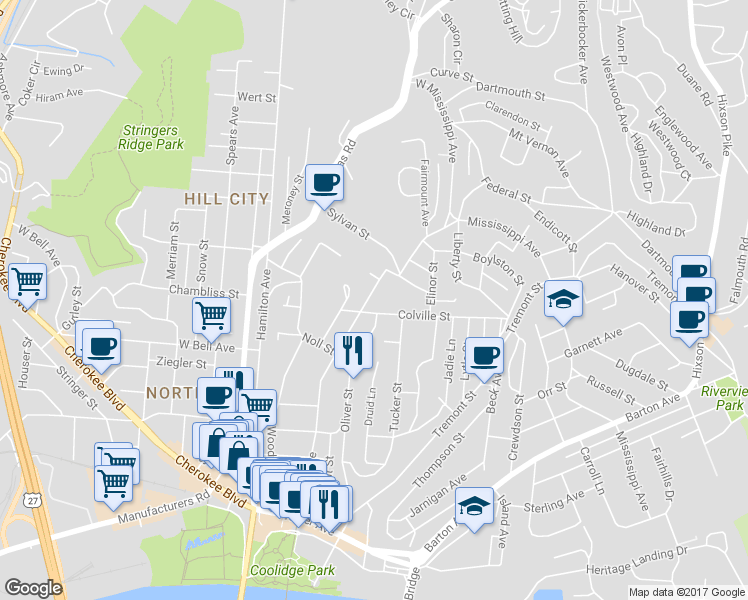 map of restaurants, bars, coffee shops, grocery stores, and more near 708 Forest Avenue in Chattanooga