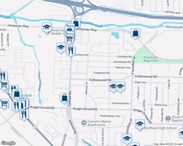 map of restaurants, bars, coffee shops, grocery stores, and more near 4065 Chippewa Road in Memphis