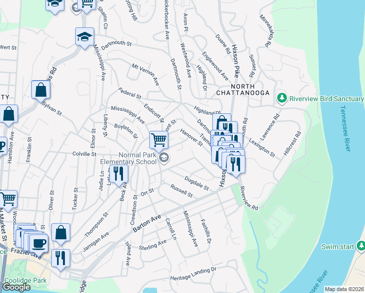 map of restaurants, bars, coffee shops, grocery stores, and more near 947 Polo Place in Chattanooga