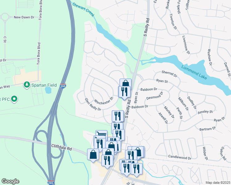 map of restaurants, bars, coffee shops, grocery stores, and more near 1005 Glen Reilly Drive in Fayetteville