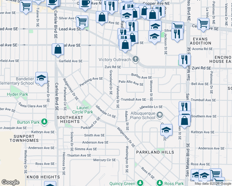 map of restaurants, bars, coffee shops, grocery stores, and more near 733 Valverde Dr SE in Albuquerque