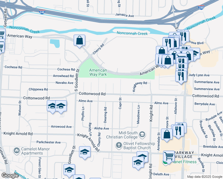 map of restaurants, bars, coffee shops, grocery stores, and more near 2892 Danville Cove in Memphis