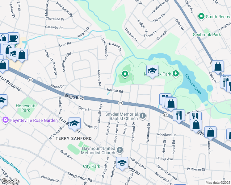map of restaurants, bars, coffee shops, grocery stores, and more near 809 Cape Fear Avenue in Fayetteville