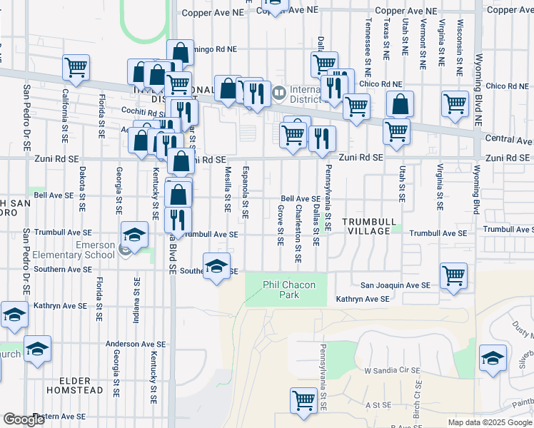 map of restaurants, bars, coffee shops, grocery stores, and more near 512 San Pablo Street Southeast in Albuquerque