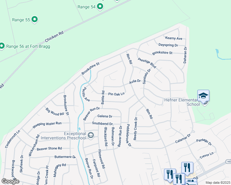 map of restaurants, bars, coffee shops, grocery stores, and more near 6828 Pin Oak Lane in Fayetteville