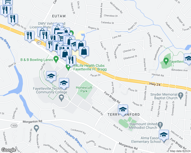 map of restaurants, bars, coffee shops, grocery stores, and more near 2609 Pecan Drive in Fayetteville