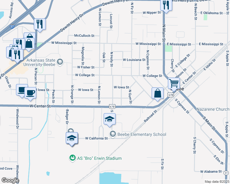 map of restaurants, bars, coffee shops, grocery stores, and more near 208 North Holly Street in Beebe