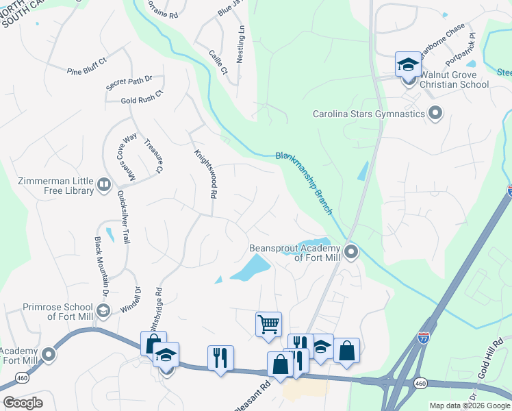 map of restaurants, bars, coffee shops, grocery stores, and more near 1128 Gower Street in Fort Mill