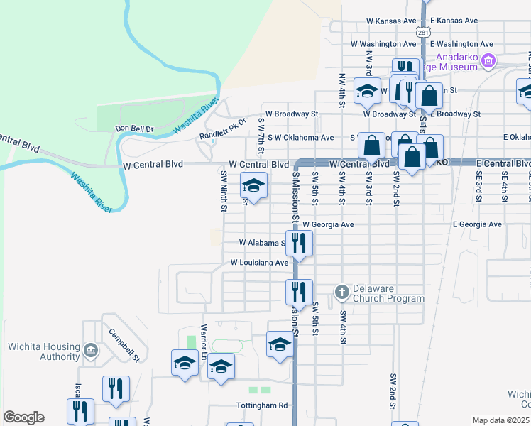 map of restaurants, bars, coffee shops, grocery stores, and more near 508 South West 7th Street in Anadarko
