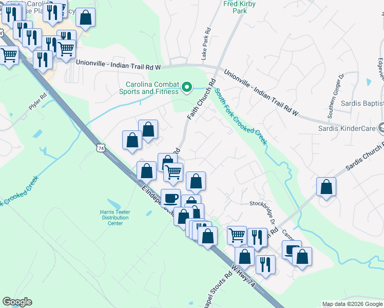 map of restaurants, bars, coffee shops, grocery stores, and more near 3205 Creek Trail Road in Indian Trail