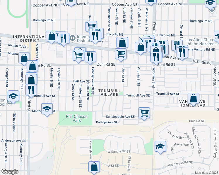 map of restaurants, bars, coffee shops, grocery stores, and more near 416 Tennessee St SE in Albuquerque
