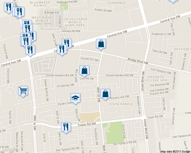 map of restaurants, bars, coffee shops, grocery stores, and more near 8719 Odin Road Southwest in Albuquerque