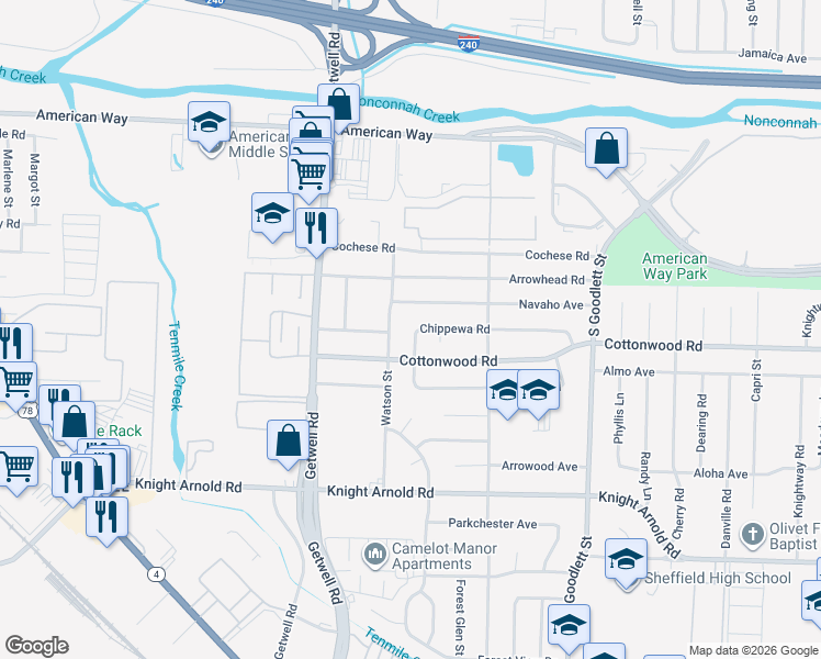 map of restaurants, bars, coffee shops, grocery stores, and more near 4065 Chippewa Road in Memphis