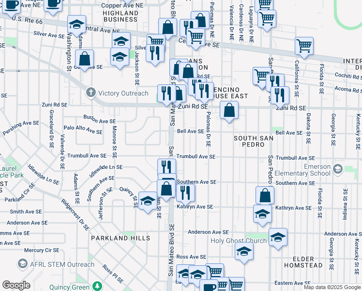 map of restaurants, bars, coffee shops, grocery stores, and more near 621 Ortiz Drive Southeast in Albuquerque