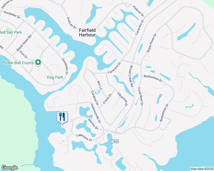 map of restaurants, bars, coffee shops, grocery stores, and more near 6108 Albatross Drive in New Bern