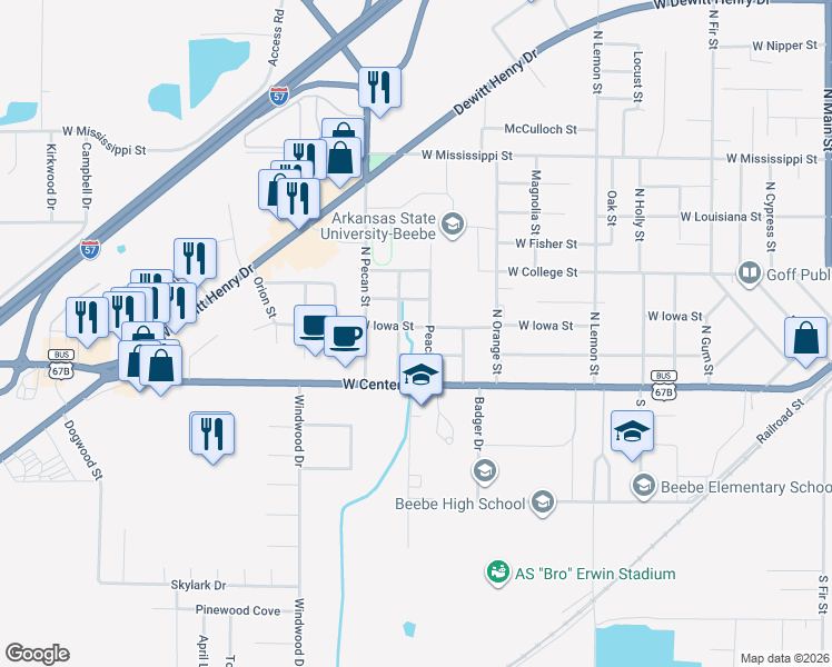 map of restaurants, bars, coffee shops, grocery stores, and more near 1203 West Iowa Street in Beebe