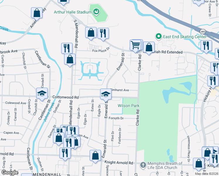 map of restaurants, bars, coffee shops, grocery stores, and more near 5504 Elmhurst Avenue in Memphis