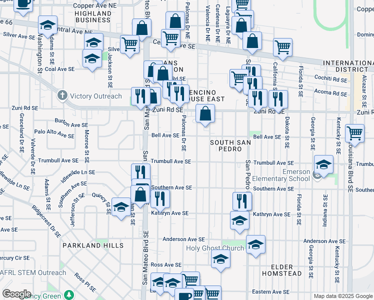 map of restaurants, bars, coffee shops, grocery stores, and more near 700 Palomas Drive Southeast in Albuquerque