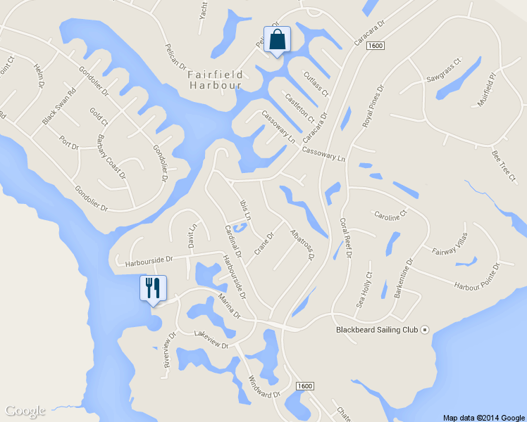 map of restaurants, bars, coffee shops, grocery stores, and more near 6108 Albatross Drive in New Bern