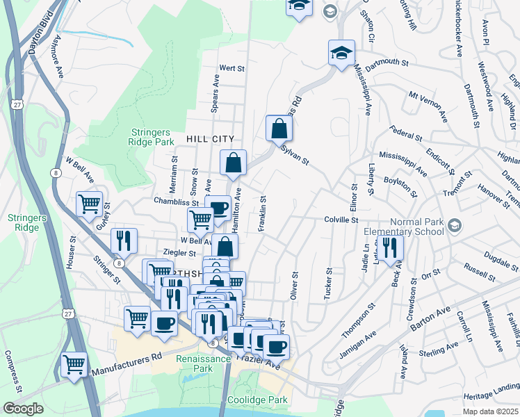 map of restaurants, bars, coffee shops, grocery stores, and more near 701 Franklin Street in Chattanooga