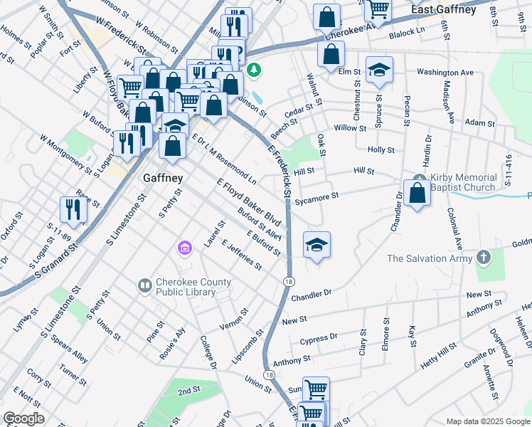 map of restaurants, bars, coffee shops, grocery stores, and more near 353-359 East Floyd Baker Boulevard in Gaffney