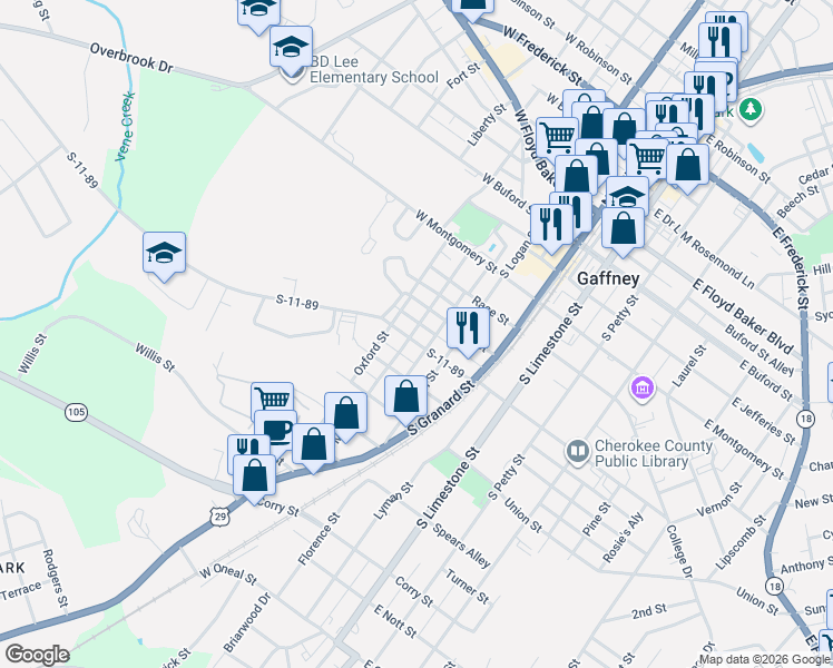 map of restaurants, bars, coffee shops, grocery stores, and more near 310 West Rutledge Avenue in Gaffney