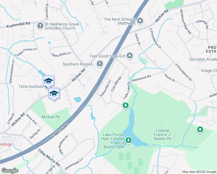map of restaurants, bars, coffee shops, grocery stores, and more near 6310 Gatesville Lane in Charlotte
