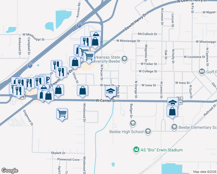 map of restaurants, bars, coffee shops, grocery stores, and more near 206 North Pecan Street in Beebe
