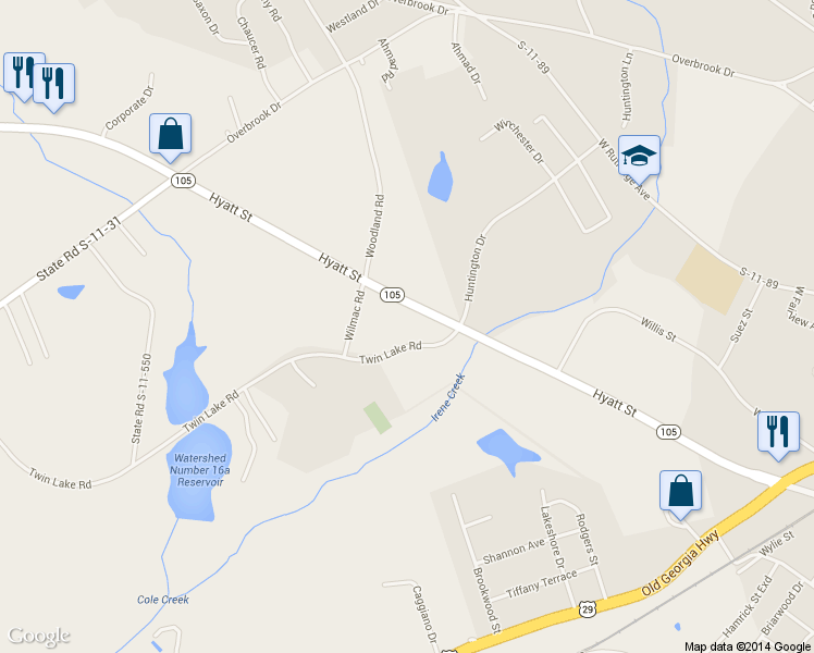 map of restaurants, bars, coffee shops, grocery stores, and more near 427 Hyatt Street in Gaffney