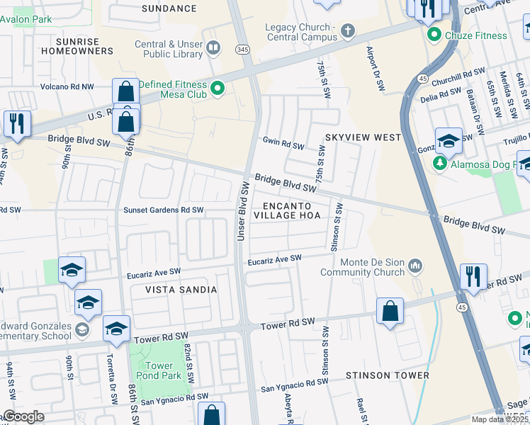 map of restaurants, bars, coffee shops, grocery stores, and more near 7616 Vía Belleza Southwest in Albuquerque