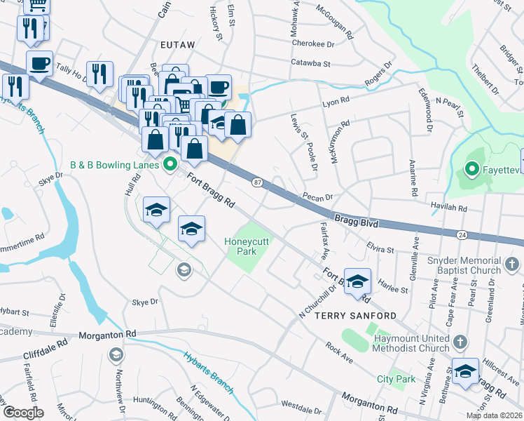 map of restaurants, bars, coffee shops, grocery stores, and more near 404 Barrington Cross Street in Fayetteville
