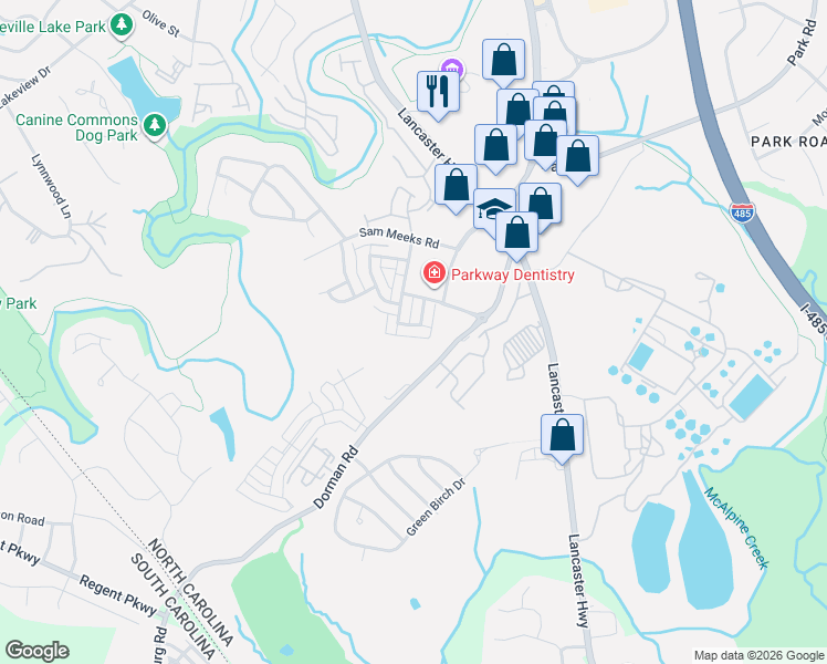 map of restaurants, bars, coffee shops, grocery stores, and more near 9919 Kilternan Road in Pineville