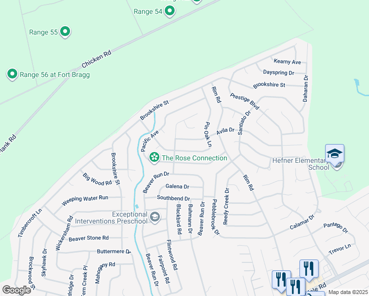 map of restaurants, bars, coffee shops, grocery stores, and more near 6840 Pin Oak Lane in Fayetteville