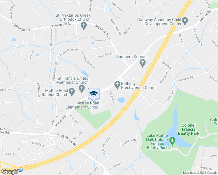 map of restaurants, bars, coffee shops, grocery stores, and more near McKee Road & Fred Gutt Drive in Charlotte