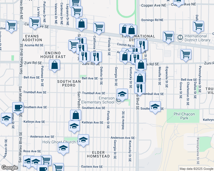map of restaurants, bars, coffee shops, grocery stores, and more near 521 Florida Street Southeast in Albuquerque