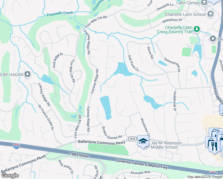 map of restaurants, bars, coffee shops, grocery stores, and more near 9624 Rainbow Forest Drive in Charlotte
