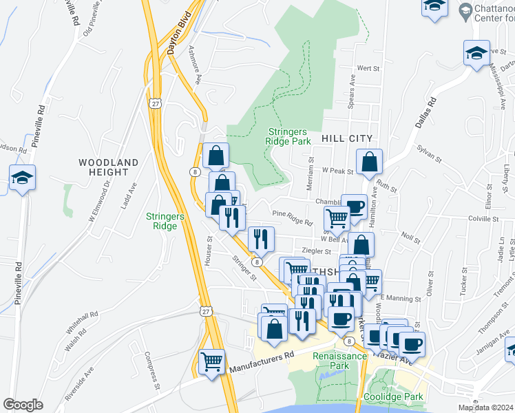 map of restaurants, bars, coffee shops, grocery stores, and more near 332 Pine Ridge Road in Chattanooga