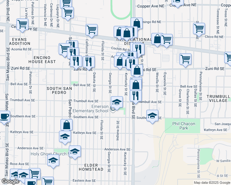 map of restaurants, bars, coffee shops, grocery stores, and more near 516 Indiana Street Southeast in Albuquerque