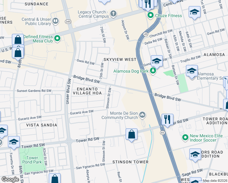 map of restaurants, bars, coffee shops, grocery stores, and more near 516 Vía Canale Southwest in Albuquerque